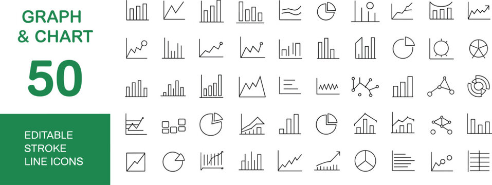 Graph and Chart Line Icons Set with 50 Elements Keywords: graph, chart, data, statistics, analysis, finance, business, growth, progress, success, trend