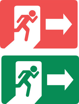Illustrazione vettoriale di cartello uscita di emergenza con simbolo direzionale. Ideale per sicurezza sul lavoro, edifici pubblici, evacuazione e segnaletica normativa.