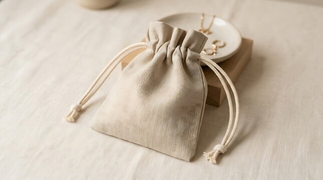 Natural linen drawstring pouch for jewelry packaging, rustic cotton gift bag on beige textile background