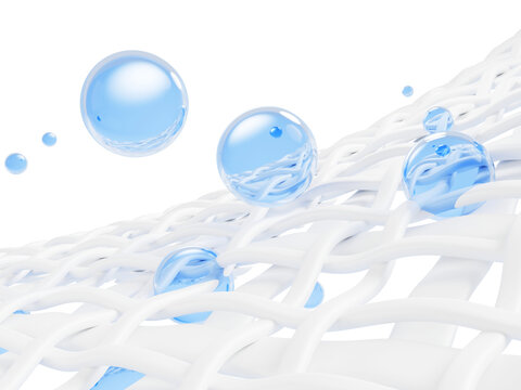 3d white fabric texture with blue gel liquid laundry detergent drops. Fiber structure with washing powder soap bubbles, water foam spheres, softener or bleach on light aqua background