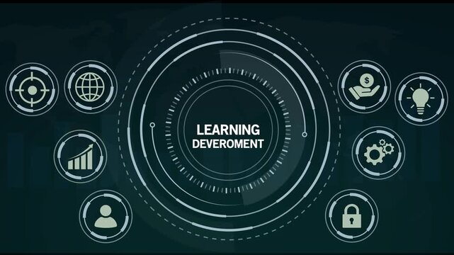 Digital infographic with concentric circles and surrounding icons representing learning development business concepts on a dark abstract background with faint world map overlay