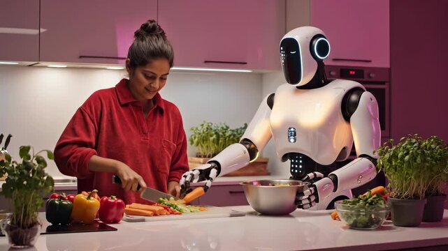 Woman cuts vegetables while robot assists in kitchen with pink cabinets. Human and robot prepare food together cooking. Woman and robot cooking with vegetables. Kitchen robot helps woman cook meal.