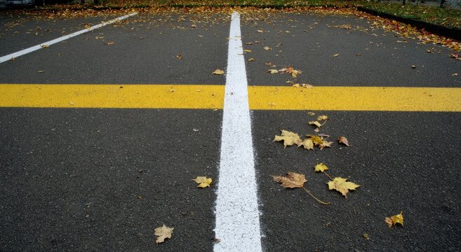Autumn leaves scattered on asphalt parking lot with bold white and yellow lines