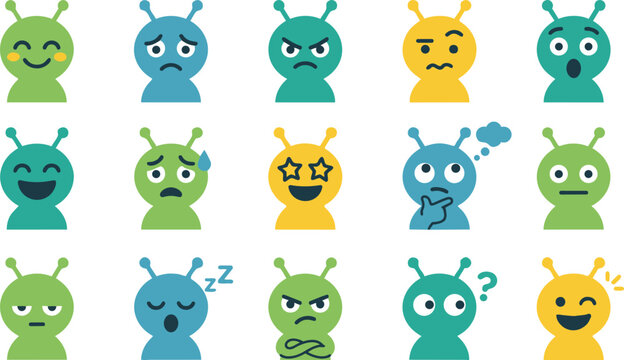 Set of Cute Alien Emoji Faces with Different Facial Expressions and Emotions