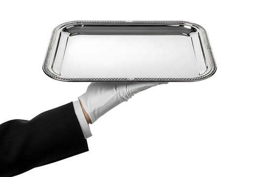 Silver serving tray held by a gloved hand isolated on transparent background