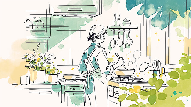 室内のキッチンで料理をしている女性の後ろ姿を描いた、軽やかな線画タッチのイラスト作品、日常生活と手作り料理を感じる一枚、料理時間、暮らし素材、調理風景、ナチュラル、線画イラスト、手描き、料理をしている、キッチン、台所、家庭料理、調理、鍋、食器、植物、暮らし、家事、日常、生活、インテリア、レシピ、料理教室、食卓、住まい、人物、女性、主婦、丁寧な暮らし、背景、挿絵、広告、ブログ、ストック素材、商用利用