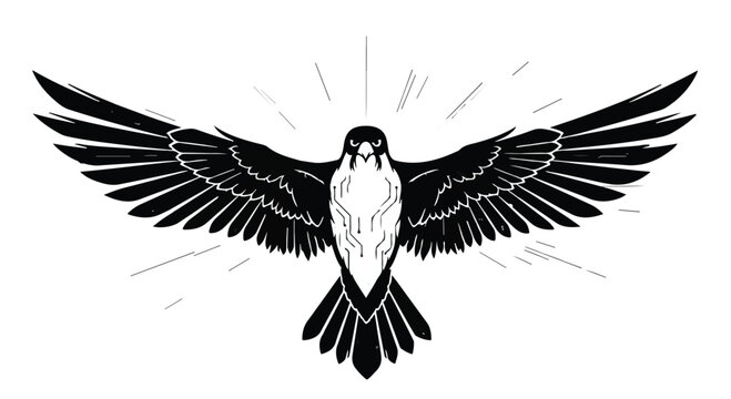 Majestic hawk with outstretched wings in a powerful, stylized graphic.