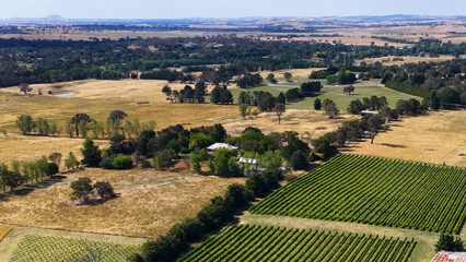 Obraz premium Aerial View of Lush Green Vineyards and Rural Farmland in Murrumbateman Australia