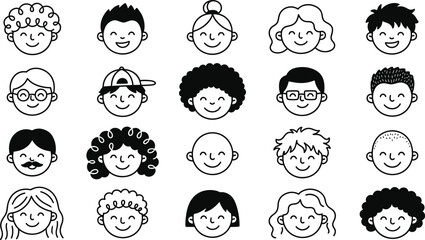 Cute children avatar collection with different hairstyles and smiling cartoon faces vector illustration set © NURUL