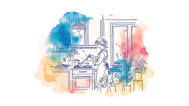 キッチンで料理をしている女性の姿を描いた、シンプルな線画と水彩タッチのイラスト作品、家庭的な温かさと植物のある暮らしを感じる生活シーン、料理時間、暮らし素材、献立、線画イラスト、手描き、料理をしている、キッチン、台所、家庭料理、調理、鍋、食器、植物、暮らし、家事、日常、生活、インテリア、レシピ、料理教室、食卓、住まい、人物、女性、主婦、丁寧な暮らし、背景、挿絵、広告、ブログ、ストック素材、商用利用