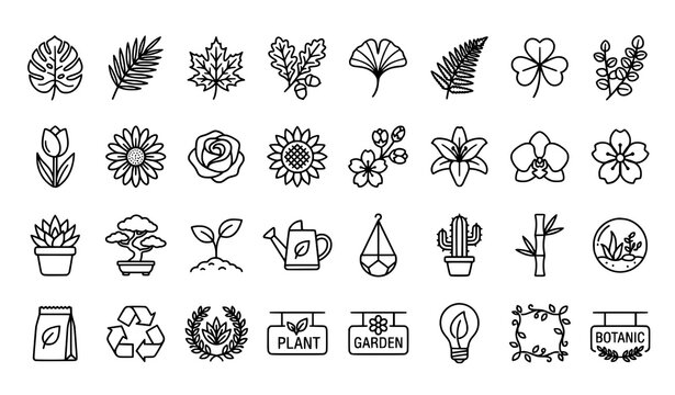 Leaf and flower monoline icon collection with botanical outline vector symbols