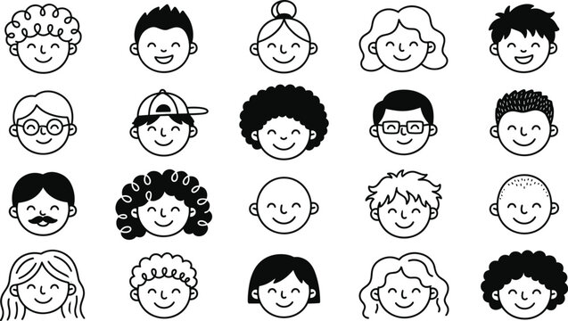 Cute children avatar collection with different hairstyles and smiling cartoon faces vector illustration set