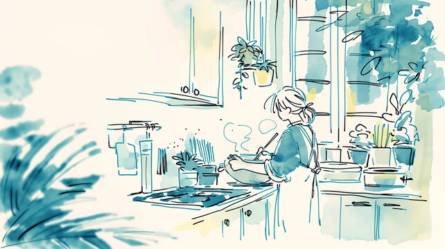 キッチンで料理をしている女性の姿を描いた、シンプルな線画と水彩タッチのイラスト作品、家庭的な温かさと植物のある暮らしを感じる生活シーン、料理時間、暮らし素材、献立、線画イラスト、手描き、料理をしている、キッチン、台所、家庭料理、調理、鍋、食器、植物、暮らし、家事、日常、生活、インテリア、レシピ、料理教室、食卓、住まい、人物、女性、主婦、丁寧な暮らし、背景、挿絵、広告、ブログ、ストック素材、商用利用