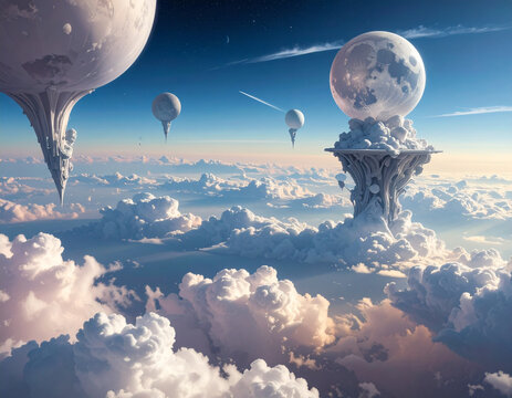 Fantasy celestial structures above clouds