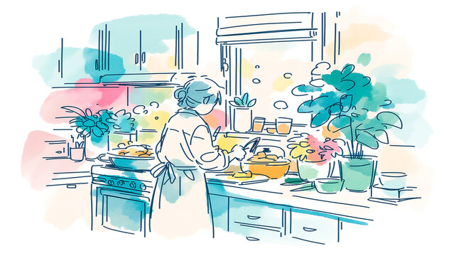 キッチンで料理をしている女性の姿を描いた、シンプルな線画と水彩タッチのイラスト作品、家庭的な温かさと植物のある暮らしを感じる生活シーン、料理時間、暮らし素材、献立、線画イラスト、手描き、料理をしている、キッチン、台所、家庭料理、調理、鍋、食器、植物、暮らし、家事、日常、生活、インテリア、レシピ、料理教室、食卓、住まい、人物、女性、主婦、丁寧な暮らし、背景、挿絵、広告、ブログ、ストック素材、商用利用