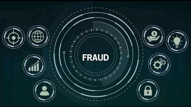 A central circular graphic displays the word FRAUD in bold white text surrounded by concentric rings and a digital interface, with surrounding icons representing business concepts like target