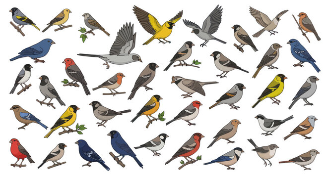 Collection of Small Birds on White Background, Various Species and Poses