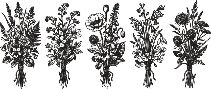 Vintage botanical illustration set five hand drawn wildflower bouquets in black and white