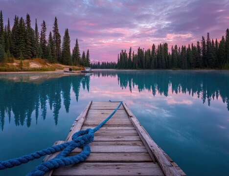 Tranquil turquoise lake with wooden pier and pine forest at sunset