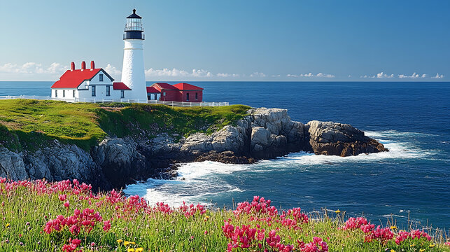 Beautiful scenic landscape featuring a historic white lighthouse on a rocky cliff next to the ocean