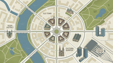Aerial view of a circular city plan with radial streets and a central park. © Barr