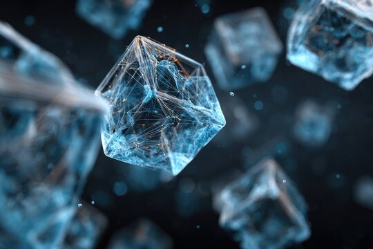 Geometric transparent cubes with glowing internal structures float against a dark, bokeh backdrop