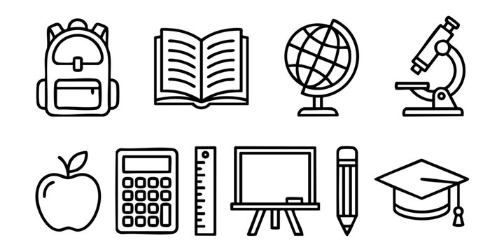 Education icons including a backpack, book, globe, and school supplies on a desk