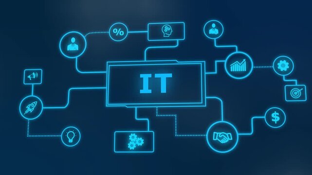 IT business technology concept flowchart with icons on dark. Flowchart information technology. Professional flowchart for corporate system architecture and digital management presentation.