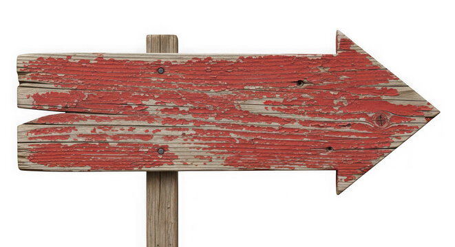 Rustic red wooden arrow sign pointing to the right with white background