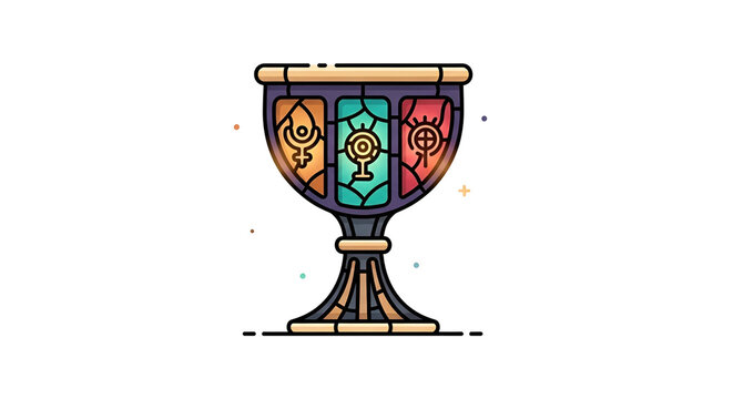 Stained glass chalice with esoteric symbols and a dark background