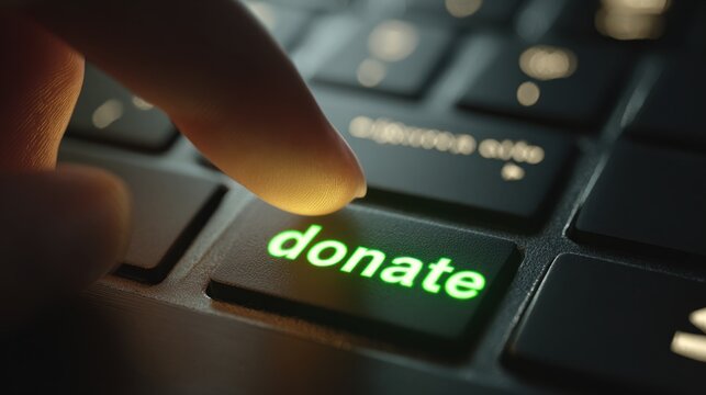A finger pressing a bright green donate button on a computer keyboard