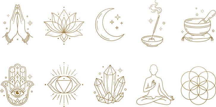 Mystical spiritual yoga line art icons vector set with hamsa hand lotus crystal and moon elements
