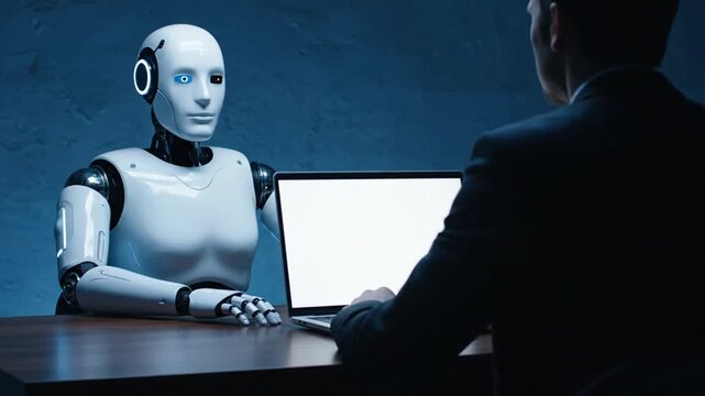 Robot and man at laptop with interaction.