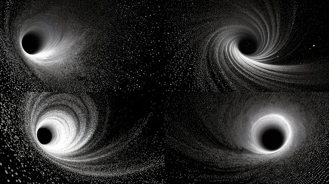 Abstract grainy gradient spiral black holes in space with swirling accretion disks