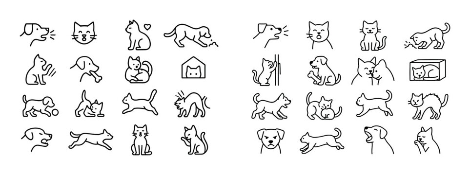 Dog and cat icons showing multiple poses on white background