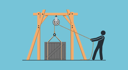 Person pulling rope on a wooden crane lifting a heavy wooden crate with a pulley system © fiyan