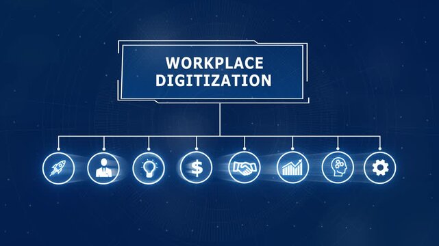 Workplace digitization concept with icons and flowchart on blue. Flowchart technology design. Professional flowchart for corporate system planning and digital business strategy graphics.