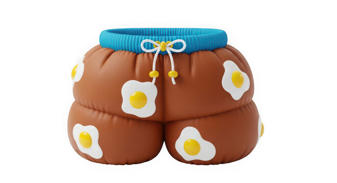 Brown shorts with fried egg pattern and blue waistband, white background