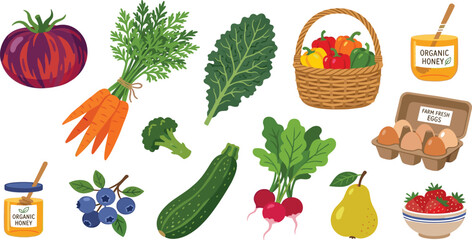 Organic farm fresh food vector set with vegetables heirloom tomato honey eggs berries basket elements © MST HASMOTARA