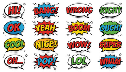 Comic speech bubble collection with colorful pop art text effects and cartoon expression labels vector set © NURUL