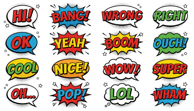 Comic speech bubble collection with colorful pop art text effects and cartoon expression labels vector set