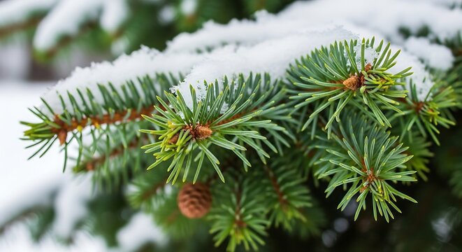 Snowy pine tree branch closeup winter.