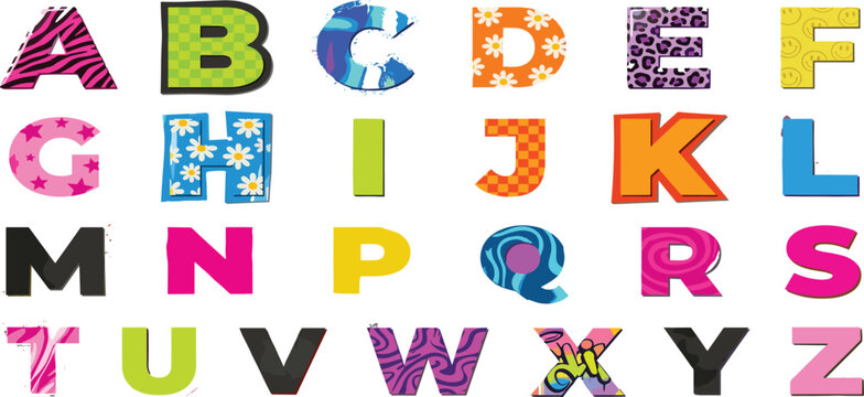 Retro Y2K patterned alphabet vector set with colorful bold letters and eclectic texture designs
