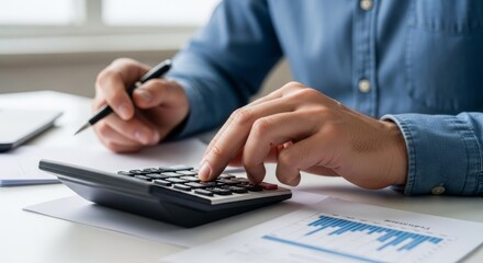 Fototapeta premium Close-up of a person's hands using a calculator and pen while analyzing financial documents in an office setting