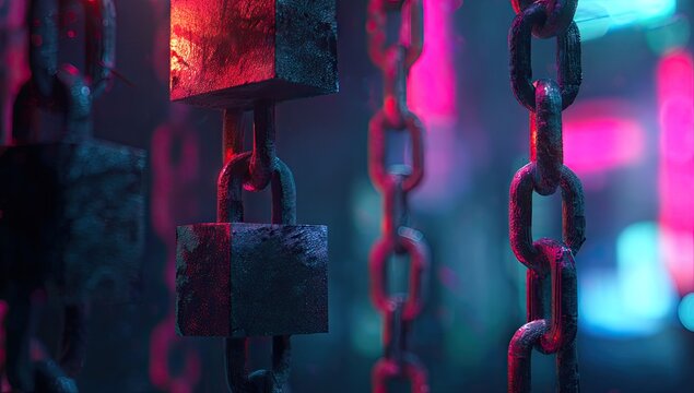 Close-up of chains with rusty locks against a blurred backdrop of neon lights