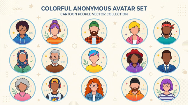 Colorful Anonymous Avatar Set Cartoon People Vector Collection.