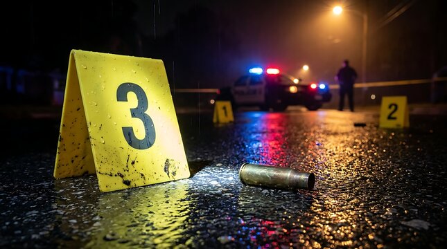 Police crime scene investigation with evidence marker number three resting on wet asphalt pavement near bullet casing after night shooting incident in urban area.