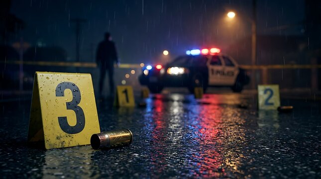 Bullet casing sits on dark rainy road next to yellow evidence marker number three at criminal scene with blurry police vehicle emergency lights in background area.