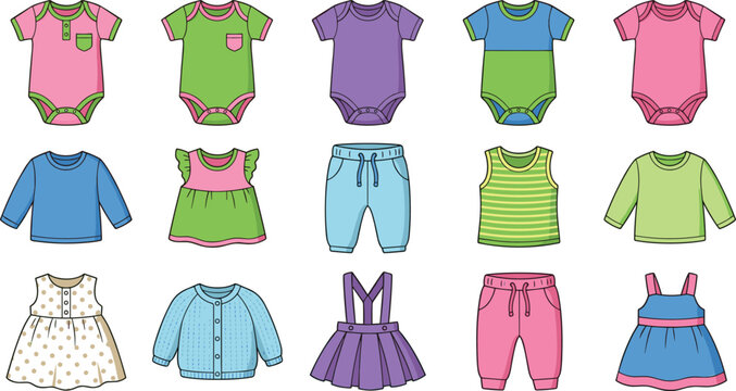 Baby and toddler clothing vector set featuring colorful infant bodysuits rompers dresses cardigans pants and shirts for newborn fashion retail store catalogs and nursery apparel design.