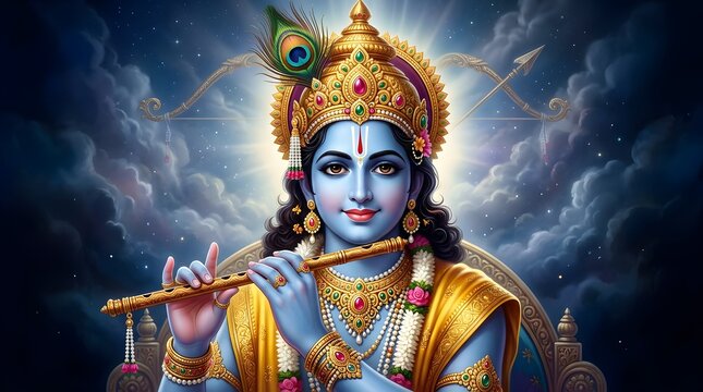 Lord krishna playing flute in heavenly setting hindu mythology divine god